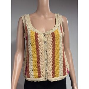 Grace & Karma Crochet Knit Vest Striped Button Front Sleeveless Top Medium